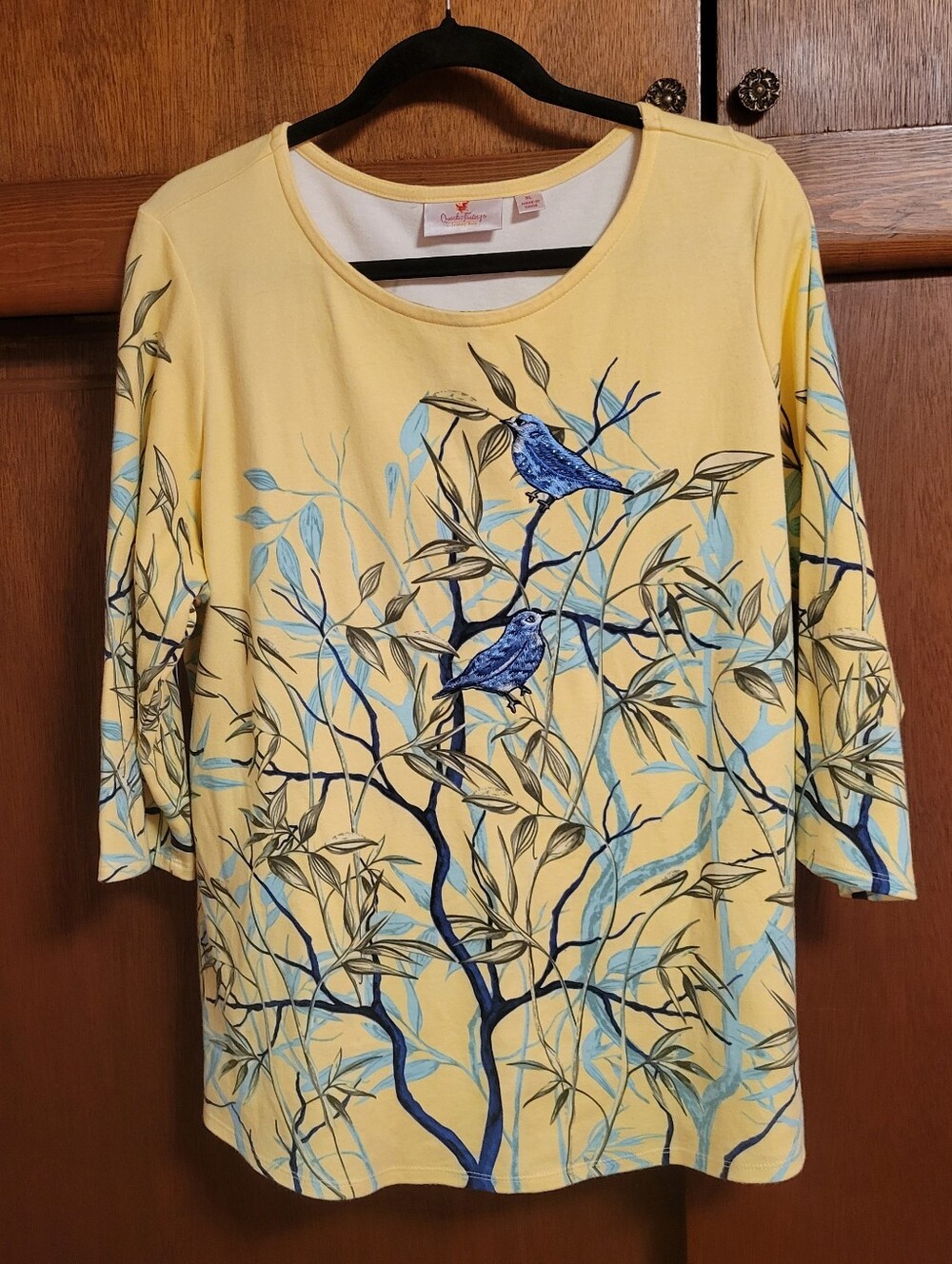 Quacker Factory Yellow & Blue Quarter Sleeve Bird Nature Embroidered Tunic XL